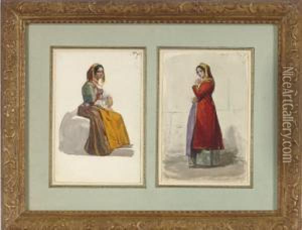 Studies Of Women In Traditional Italian Costume Oil Painting - Alfred Vaudoyer