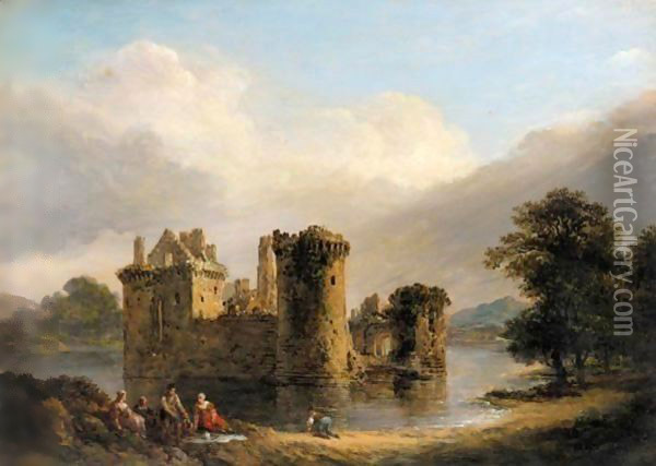 A Family Picnic In Front Of Loch Leven Castle, Kinross Oil Painting - Alexander Nasmyth