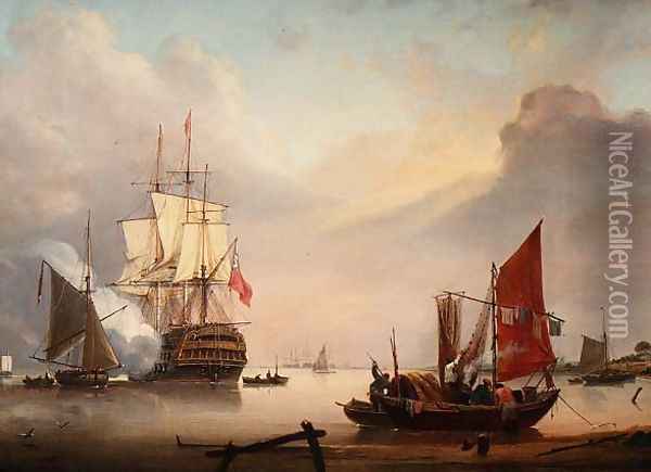 British Man-o-War off the coast Oil Painting - George Webster