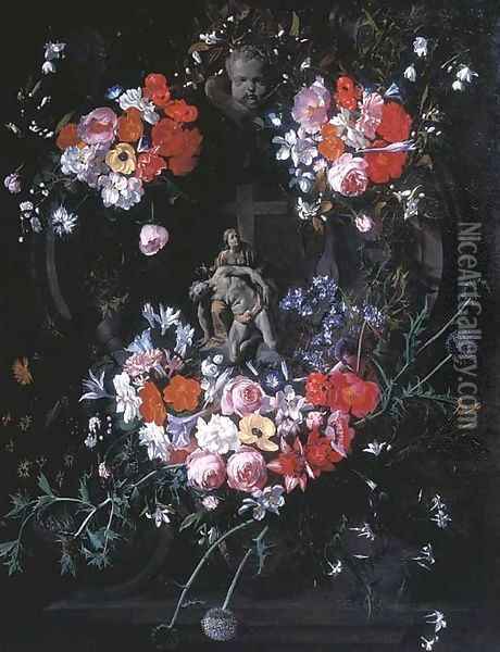 A trompe l'oeil relief of the Pietà in a stone carved tondo, surrounded by festoons of flowers and thistles Oil Painting - Hieronymus Galle I