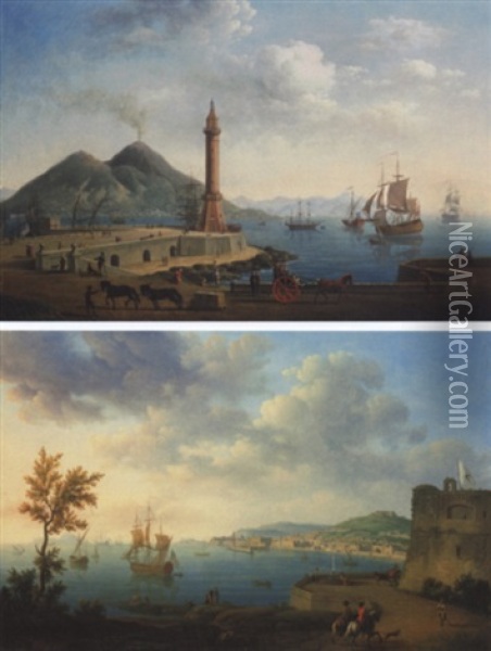 Vue Du Mole Et Du Phare De Naples Avec Le Vesuve A L'arriere-plan Oil Painting - Pierre Joseph Petit