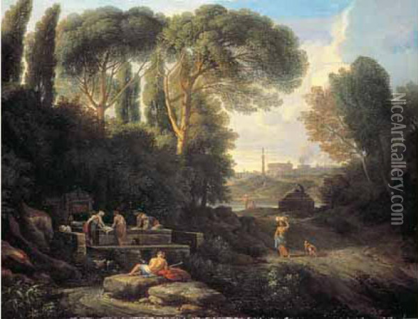 Lavandieres A La Fontaine Dans Un Paysage Classique Oil Painting - Jan Frans Van Bloemen (Orizzonte)