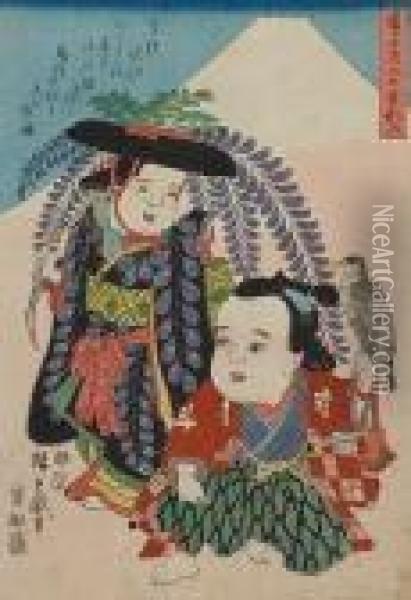 Oban Tate-e Of Two Mythological Characters Oil Painting - Utagawa or Ando Hiroshige