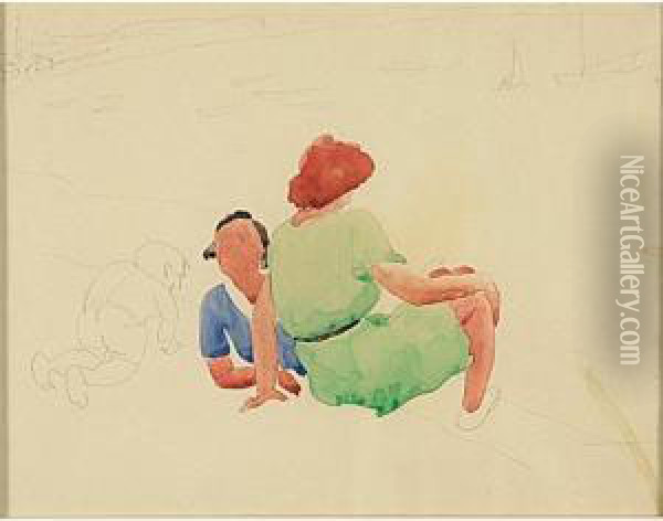 Two Women And A Child On The Beach Oil Painting - Charles Demuth