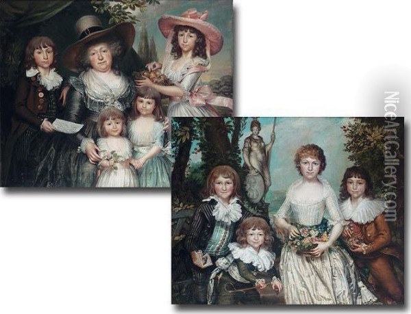 Portraits Of Madame Guyot And Her Children Oil Painting - Nicolas Joseph Delin