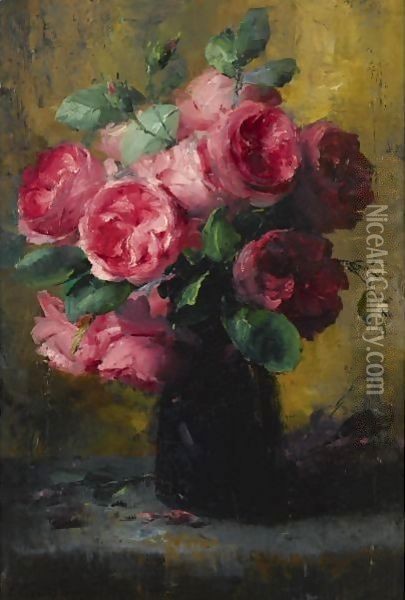 Pink Roses In A Vase 2 Oil Painting - Frans Mortelmans