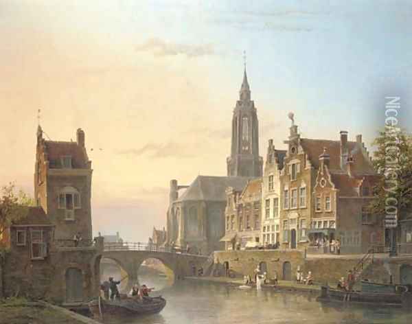 A view of a canal in a Dutch town Oil Painting - Cornelis Christiaan Dommersen
