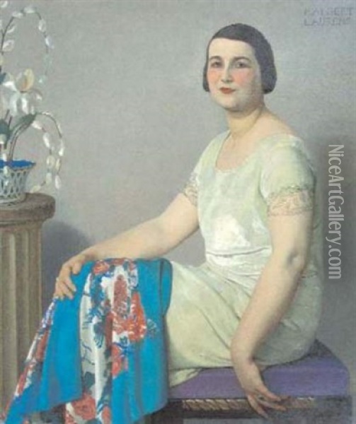 Jeune Femme Assise Au Chale Et Aux Orchidees Oil Painting - Paul Albert Laurens