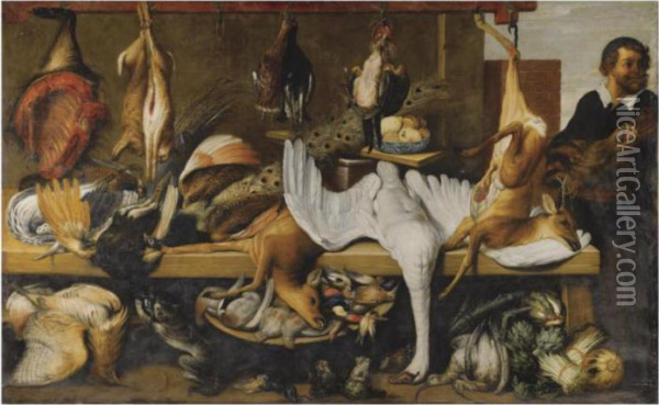 A Market Stall With A Dead Game,
 Including A Swan, Deer, A Peacock, Hares, And A Side Of Pork, Together 
With A Pile Of Vegetables And A Man Holding A Boar's Head Oil Painting - Frans Snyders