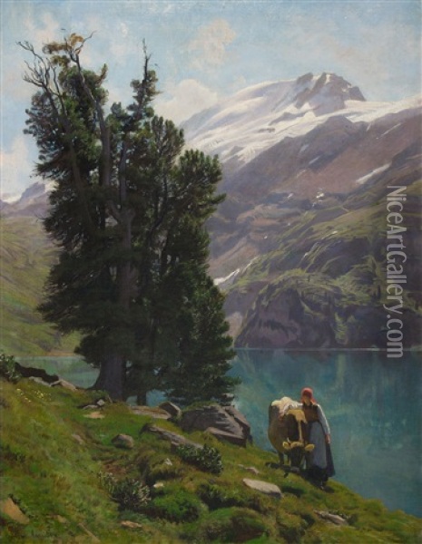 Der Engstlensee Gegen Den Titlis Oil Painting - Albert Lugardon