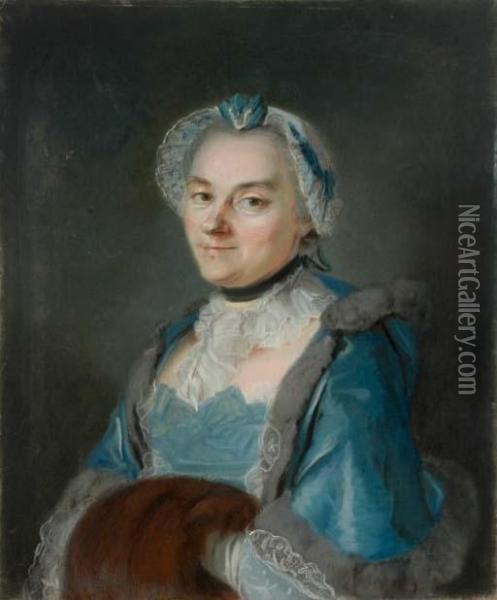 Portrait De Femme En Bleu Au Manchon Oil Painting - Louis Vigee
