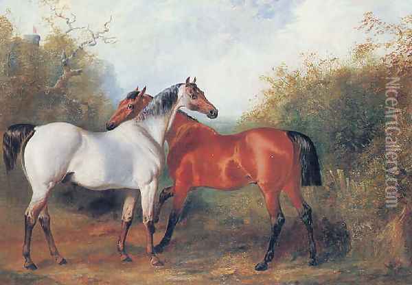 A strawberry roan and a bay hunter in a landscape Oil Painting - Henry Barraud