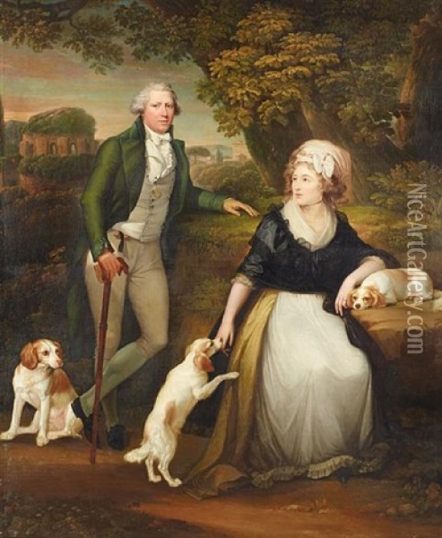 Portrait Of A Lady And Gentleman In An Italian Landscape With Their Three Spaniels Oil Painting - Hugh Douglas Hamilton
