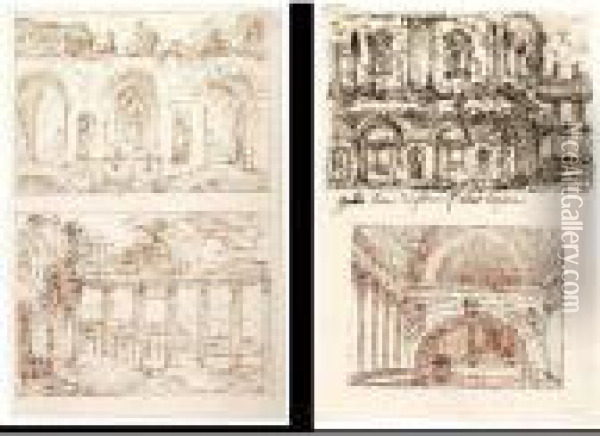 Six Sheets With Ten Studies Of Roman Buildings, Ruins And Italianate Landscapes Oil Painting - Victor-Jean Nicolle