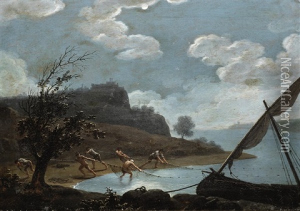 Fishermen Hauling In Their Catch In The Moonlight Oil Painting - Adrien Manglard