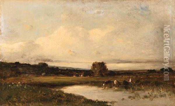 Cows And Peasants By A River Oil Painting - Jules Dupre