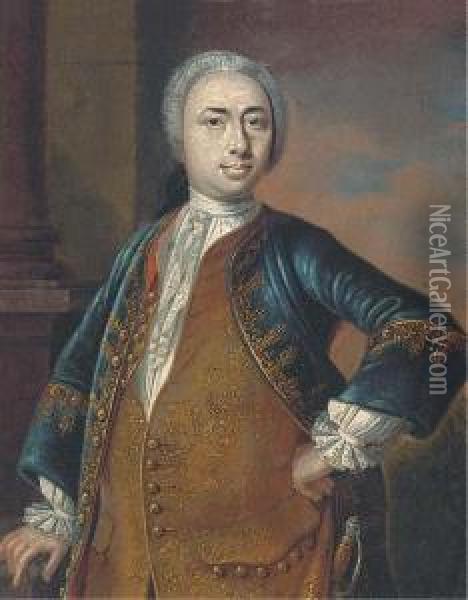Portrait Of A Gentleman, 
Standing Three-quarter-length, In A Goldembroidered Waistcoat And Blue 
Coat, Wearing A Sword Oil Painting - Ircle Of Martin Van Mytens