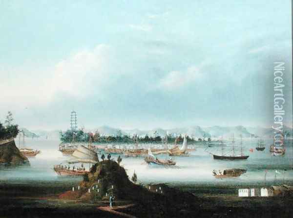 The Anchorage at Whampoa, c.1855 Oil Painting - Qua You