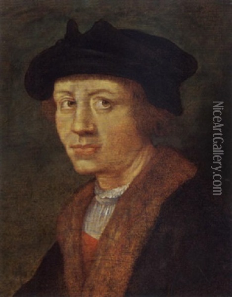 A Portrait Of A Young Man Wearing A Fur-lined Black Coat And A Black Beret Oil Painting - Jan Van Scorel
