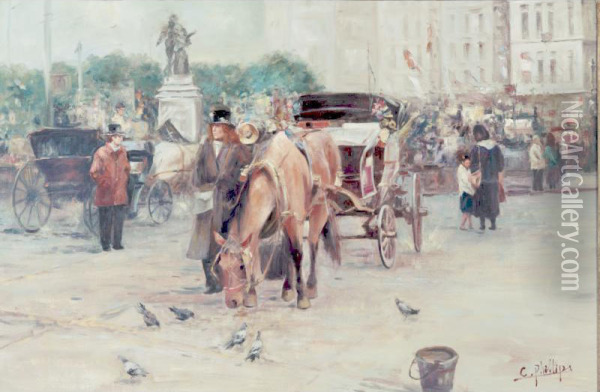 Parisian Scene With Horse And Carriages Oil Painting - Charles Philips