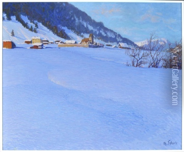 Dorf In Verschneiter Berglandschaft Oil Painting - Max (Ritter) von Esterle