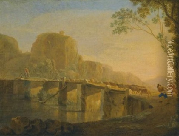 Landscape With Shepherds And Their Flock Crossing The Ponte Acquoria Near Tivoli Oil Painting - Jan Asselijn
