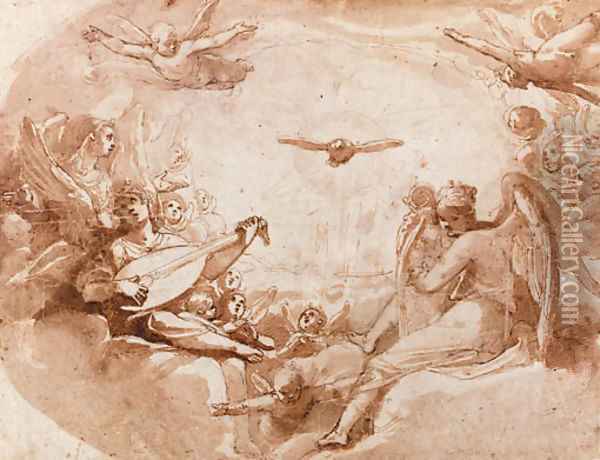 The Holy Ghost surrounded by music-making angels Oil Painting - Raffaello Motta (Raffaellino Da Reggio)