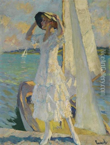 Frau Auf Dem Steg Mit Einem Kahn Am Ufer Des Starnberger See. Oil Painting - Edward Alfred Cucuel