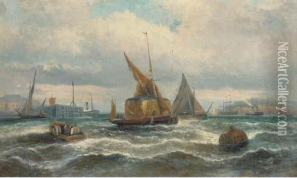 Hay Barges And Other Shipping In The Harbour Oil Painting - William A. Thornley Or Thornber