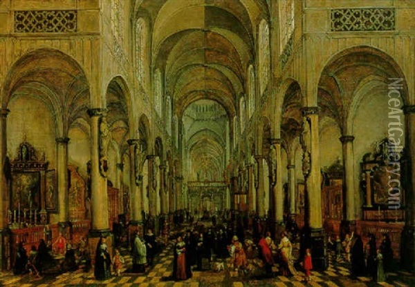 A Church Interior With Many Figures Oil Painting - Peeter Neeffs the Elder