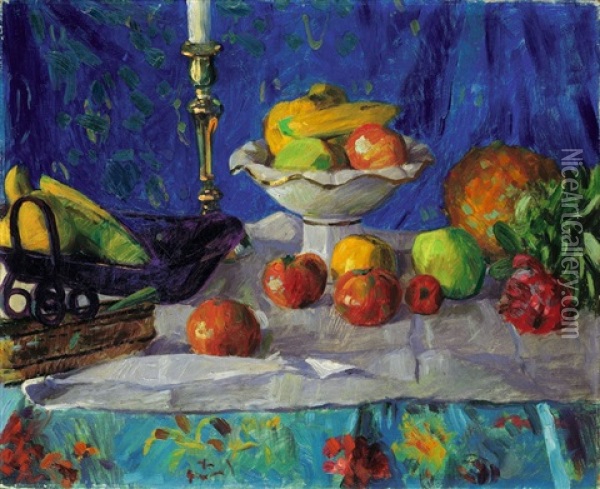 Stilleben Mit Leuchter Und Ananas Oil Painting - Franz Noelken