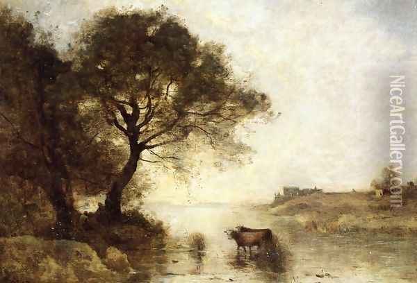 A Ford with Large Trees Oil Painting - Jean-Baptiste-Camille Corot