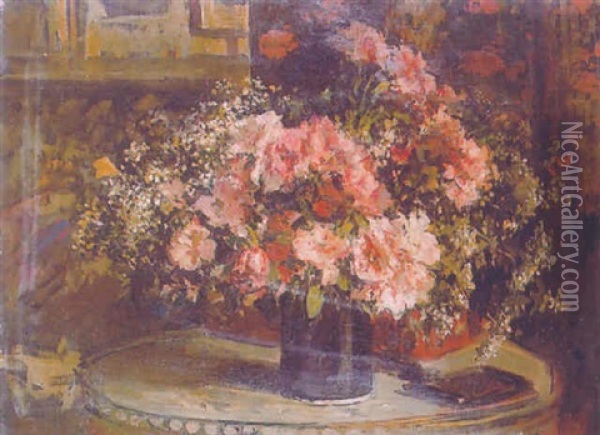 Pivoines Dans Un Vase Sur La Table Bouillotte Oil Painting - Jacques-Emile Blanche