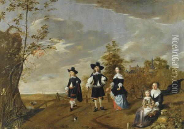 A Family Portrait In A Landscape Before Casteel Dursteede Oil Painting - Christiaen Van Colenbergh