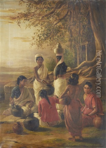 A Group Of Indian Women Gathered Beneath The Shade Of A Tree Oil Painting - William Prinsep