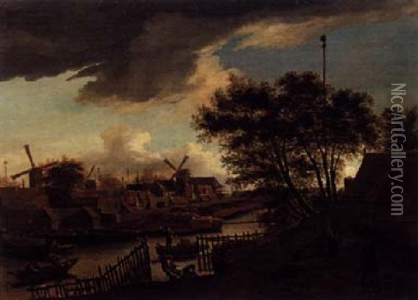 A View Of A Village With Rowing Boats On A River At Sunset Oil Painting - Anthonie Van Borssom