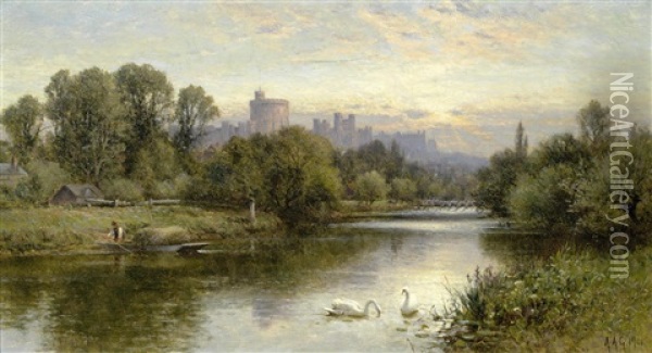 A View Of Windsor Castle From The Thames Oil Painting - Alfred Augustus Glendening Sr.