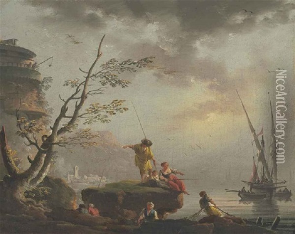 A Harbor View At Dawn With Fisherfolk Oil Painting - Charles Francois Lacroix