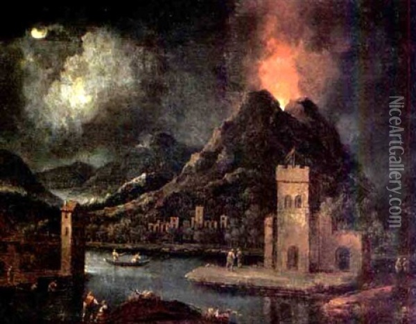 A Nocturnal River Landscape With Figures In A Town, A Volcano Erupting Beyond Oil Painting - Johann Christoph Von Bemmel