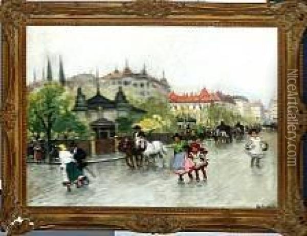 A Street Life, Probably In Hungary Oil Painting - Antal Berkes