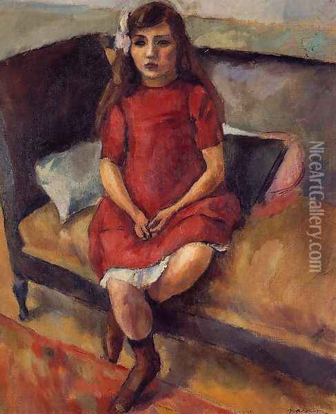 Young Girl in Red Oil Painting - Jules Pascin
