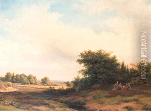 Summer landscape with peasants resting at the edge of a wood Oil Painting - Jacob Jan van der Maaten