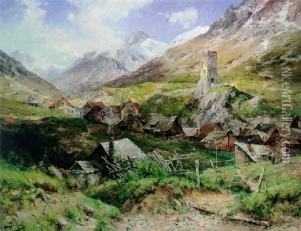 Malerisches Kirchdorf Mit Burgruine In Den Schweizer Bergen Oil Painting - Jacques Matthias Schenker