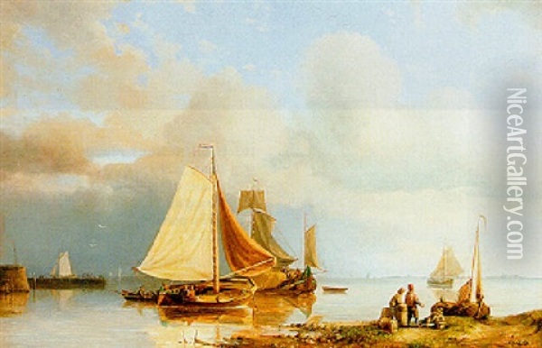 Shipping In A Calm, With Fishermen In The Foreground Oil Painting - Pieter Hendrik Thomas