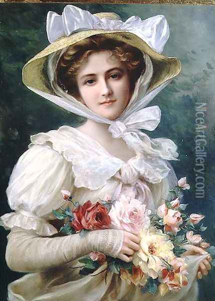 Elegant lady with a bouquet of roses Oil Painting - Emile Vernon