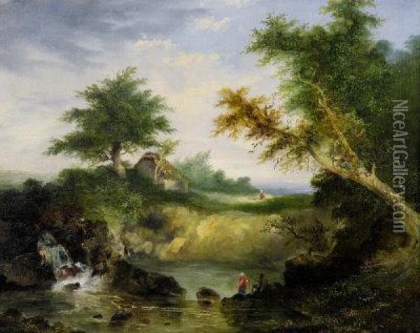 Anglers In A Wooded River Landscape Oil Painting - S. Bright