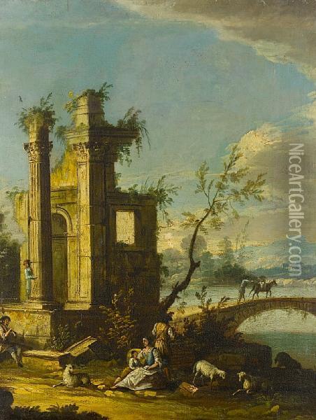 Figures Resting Before Classical Ruins In Anopen Landscape Oil Painting - Gianbattista Cimaroli