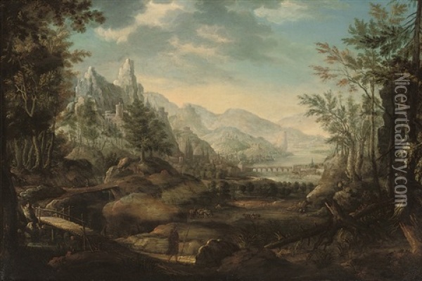 An Extensive Mountainous Landscape With A Traveller Crossing A Bridge Oil Painting - Christian Georg Schuetz the Younger