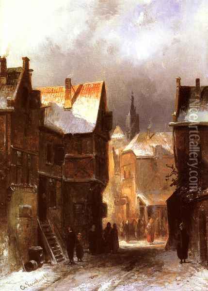 A Dutch Town in Winter Oil Painting - Charles Henri Joseph Leickert