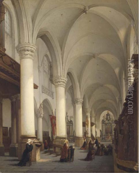 Interieur De L'eglise Saint Paul D'anvers: A Church Interior Withfigures In Prayer Oil Painting - Bernard Neyt